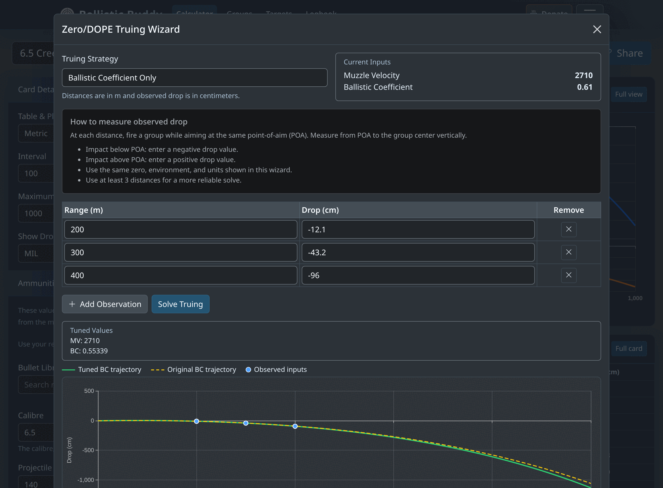 The truing wizard with Ballistic Coefficient Only selected, three observed drop rows at 200, 300 and 400 m, and a tuned result showing BC corrected from 0.61 to 0.55.