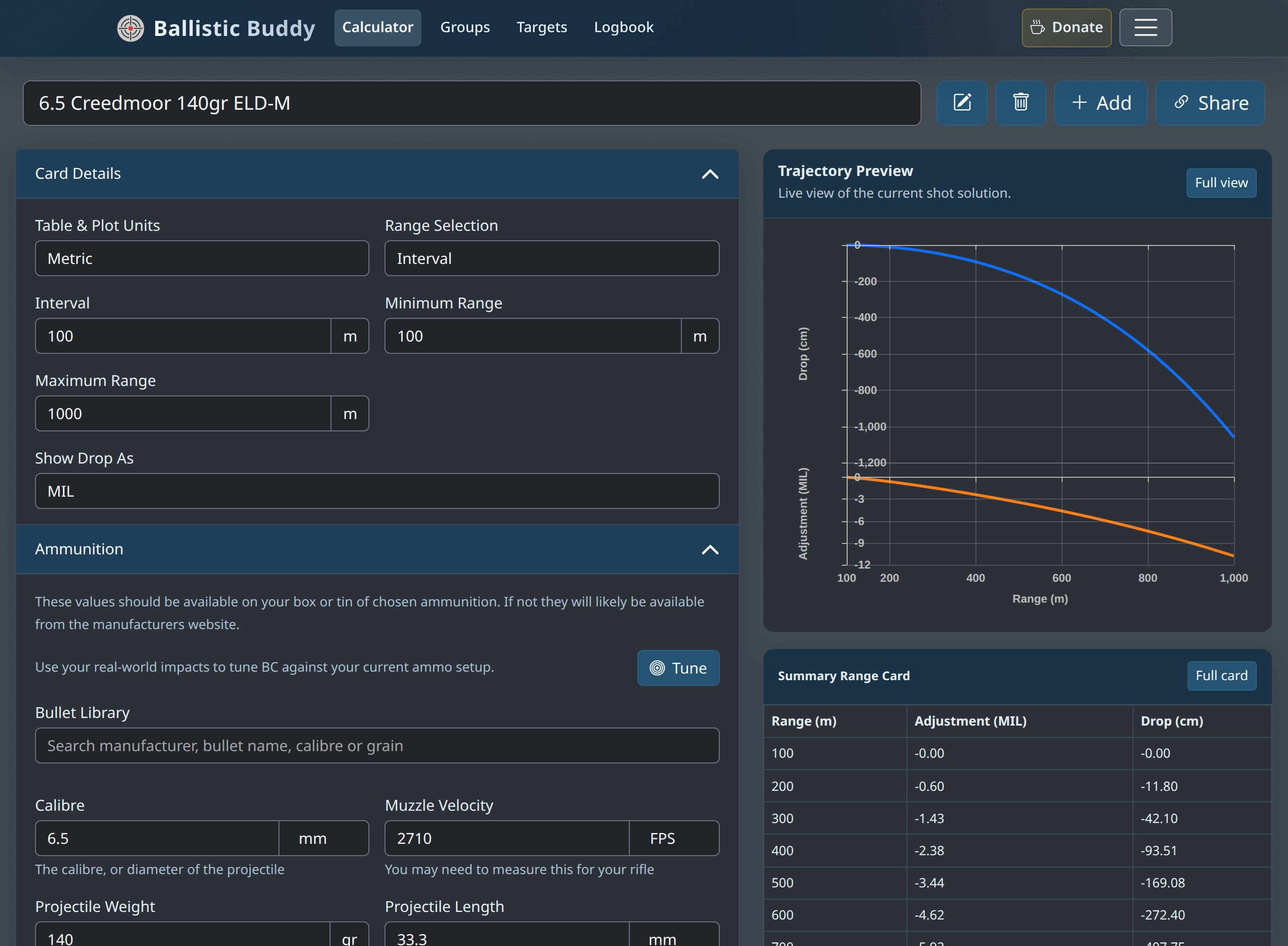 The Ballistic Buddy calculator with a 6.5 Creedmoor load entered, showing the input accordions on the left and a live trajectory preview and summary range card on the right.