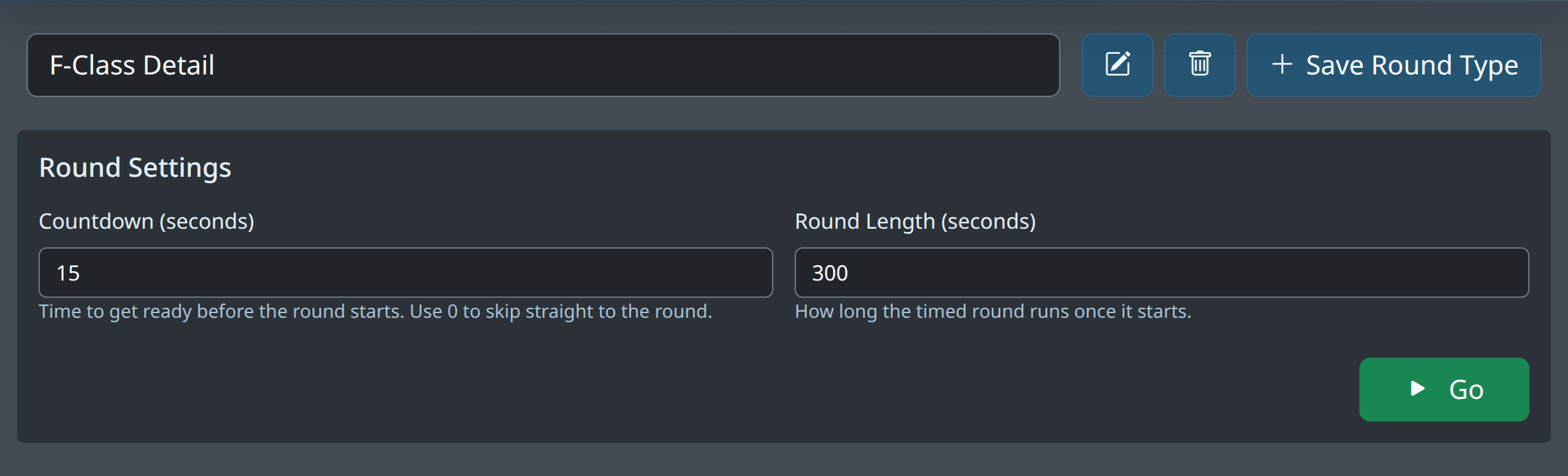 The competition timer setup screen: a saved round-type dropdown, buttons to rename, delete and save a round type, and a Round Settings card with Countdown and Round Length inputs above a green Go button.