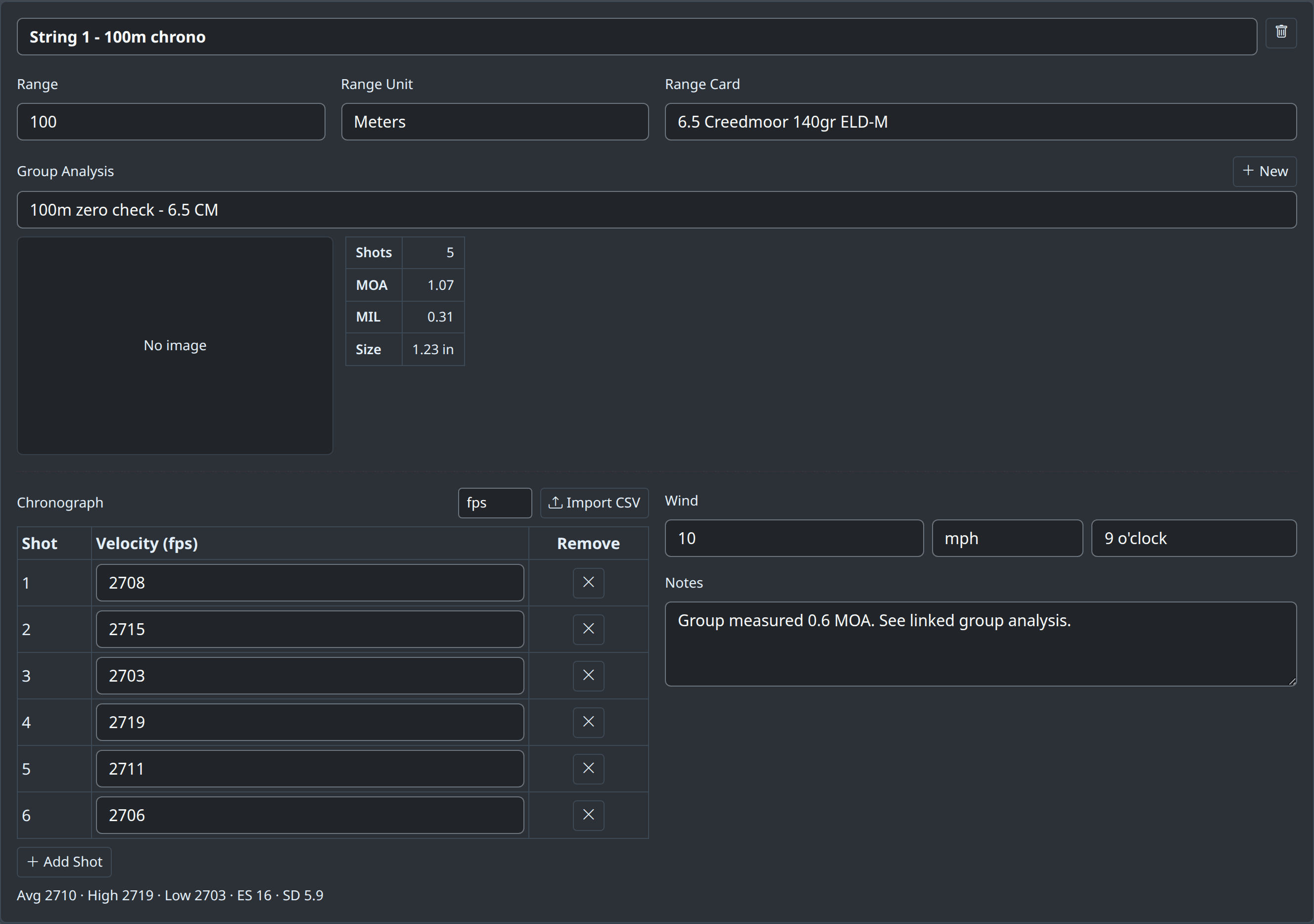 A single logbook string showing range, linked range card, linked group analysis with mini stats, a chronograph table with average, high, low, extreme spread and standard deviation, and wind speed and clock direction.