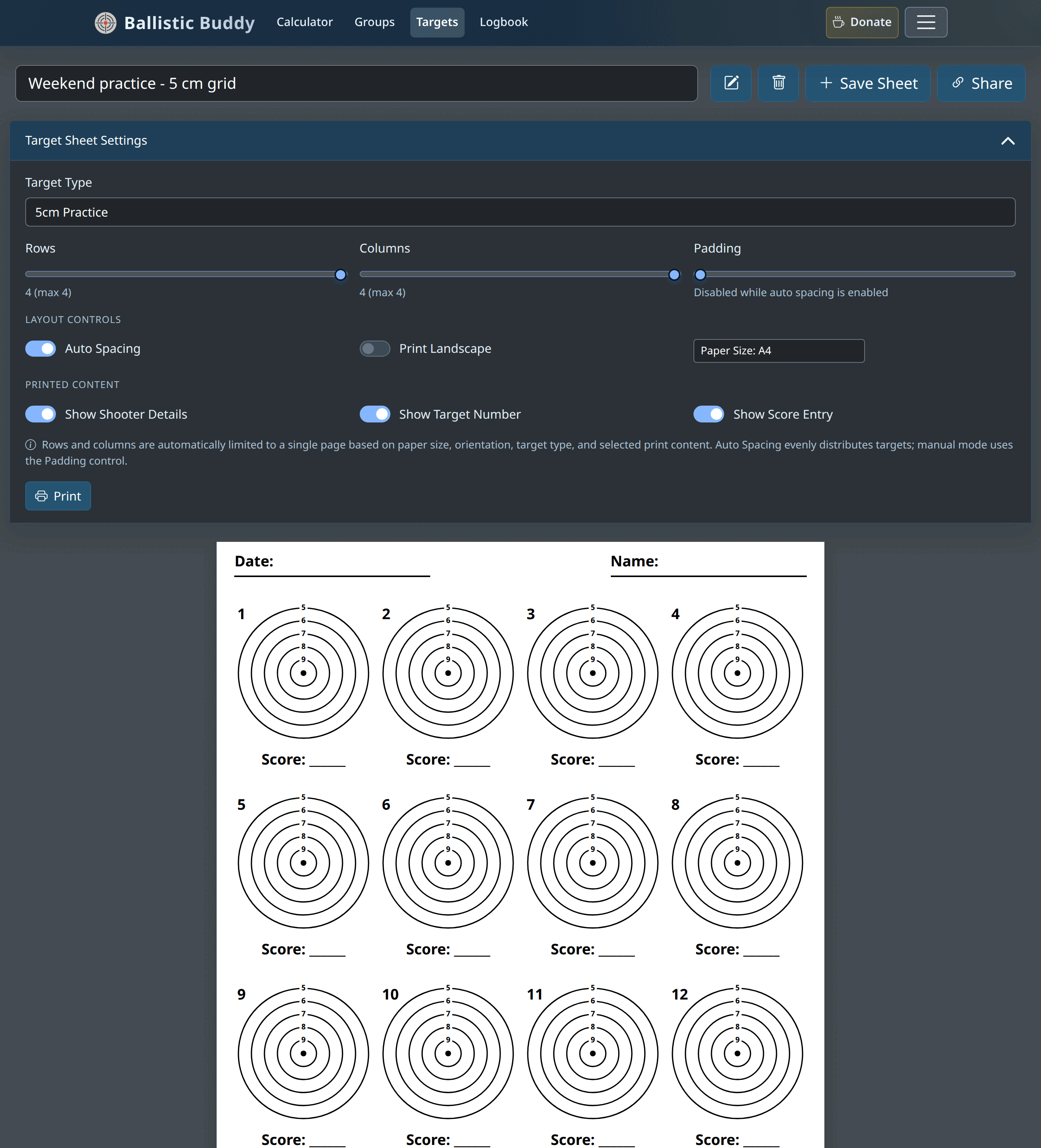 The target sheet builder with 5 cm Practice selected in a 4-by-4 grid, score entry and shooter details enabled, and a live preview of the printable A4 page below the settings.